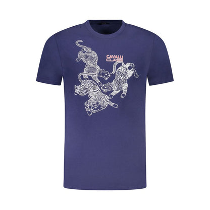 Cavalli Class Blue Cotton Men T-Shirt with bold print and Cavalli Class logo, showcasing high-end fashion in a stylish short-sleeve design.