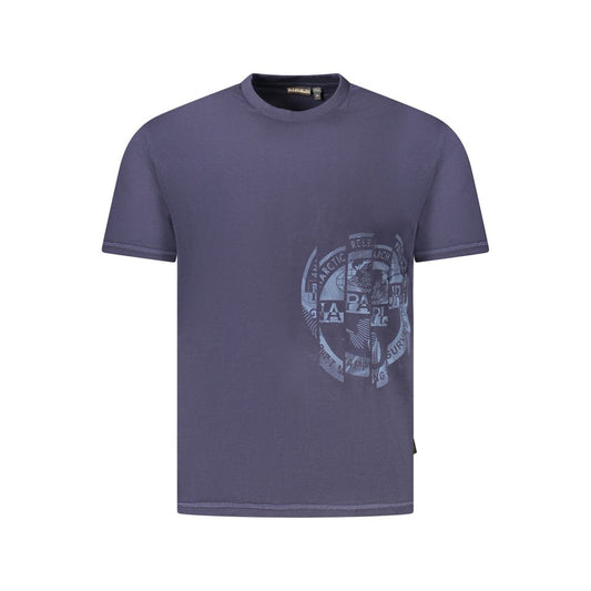Napapijri Blue Cotton Men T-Shirt with logo print, short sleeve, crew neck, made from 100% organic cotton for sustainable comfort.