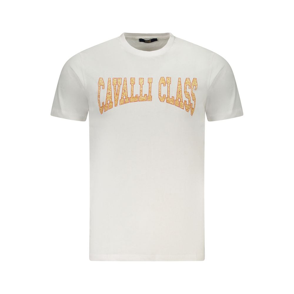 Cavalli Class White Cotton Men T-Shirt with bold logo print and designer flair in pure cotton.