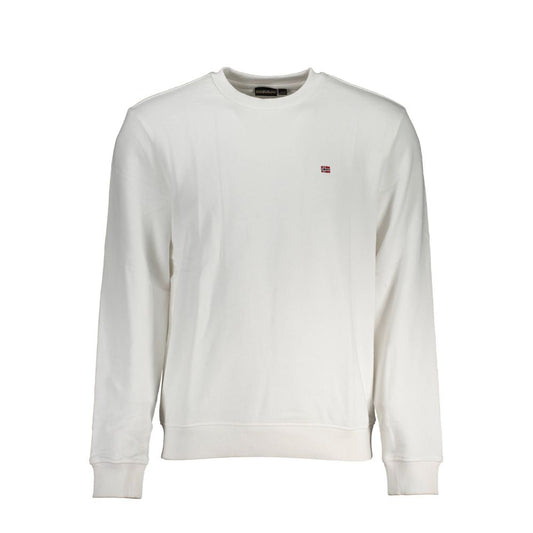 Napapijri White Cotton Men Sweater with embroidered logo, long sleeves, and crew neck design. Regular fit for casual style and comfort.