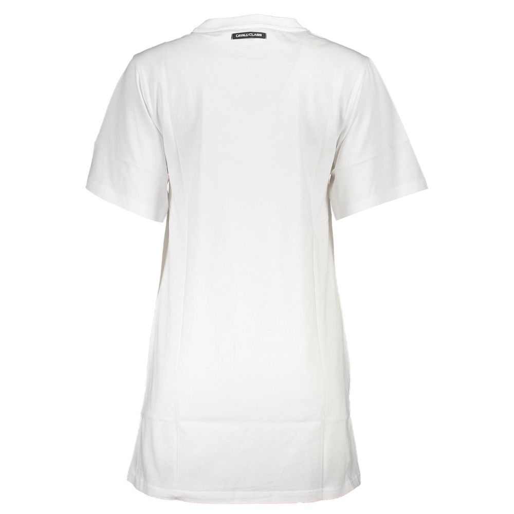 Cavalli Class White Cotton Women Dress back view, showcasing short sleeves and elegant design. Italian sophistication in fashion.