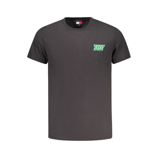 Tommy Hilfiger Black Cotton Men T-Shirt featuring the iconic logo on the front, perfect for casual and sustainable style.