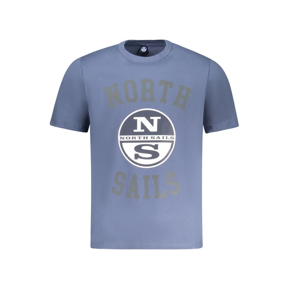 North Sails Blue Cotton Men T-Shirt featuring logo and dynamic print, crafted from 100% cotton for style and comfort.