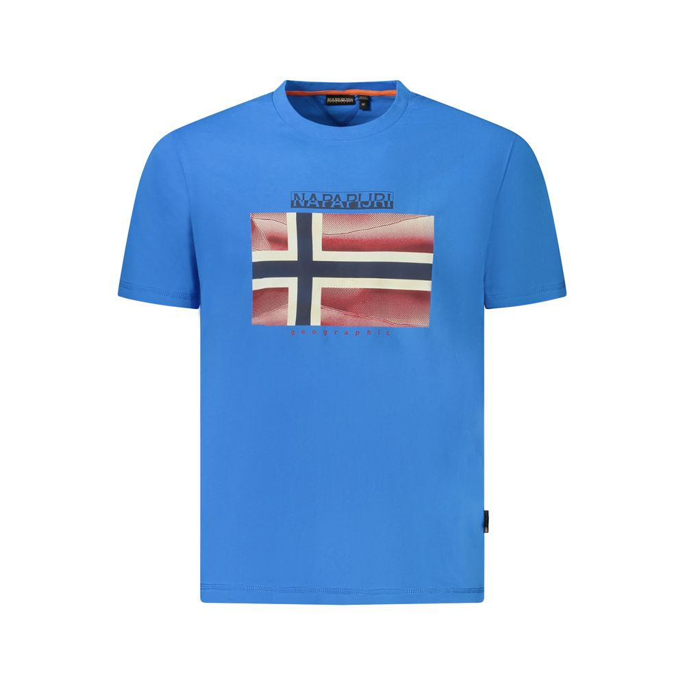 Napapijri Blue Cotton Men T-Shirt with logo and flag print, short sleeve, organic cotton crew neck for casual luxury.