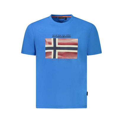 Napapijri Blue Cotton Men T-Shirt with logo and flag print, short sleeve, organic cotton crew neck for casual luxury.