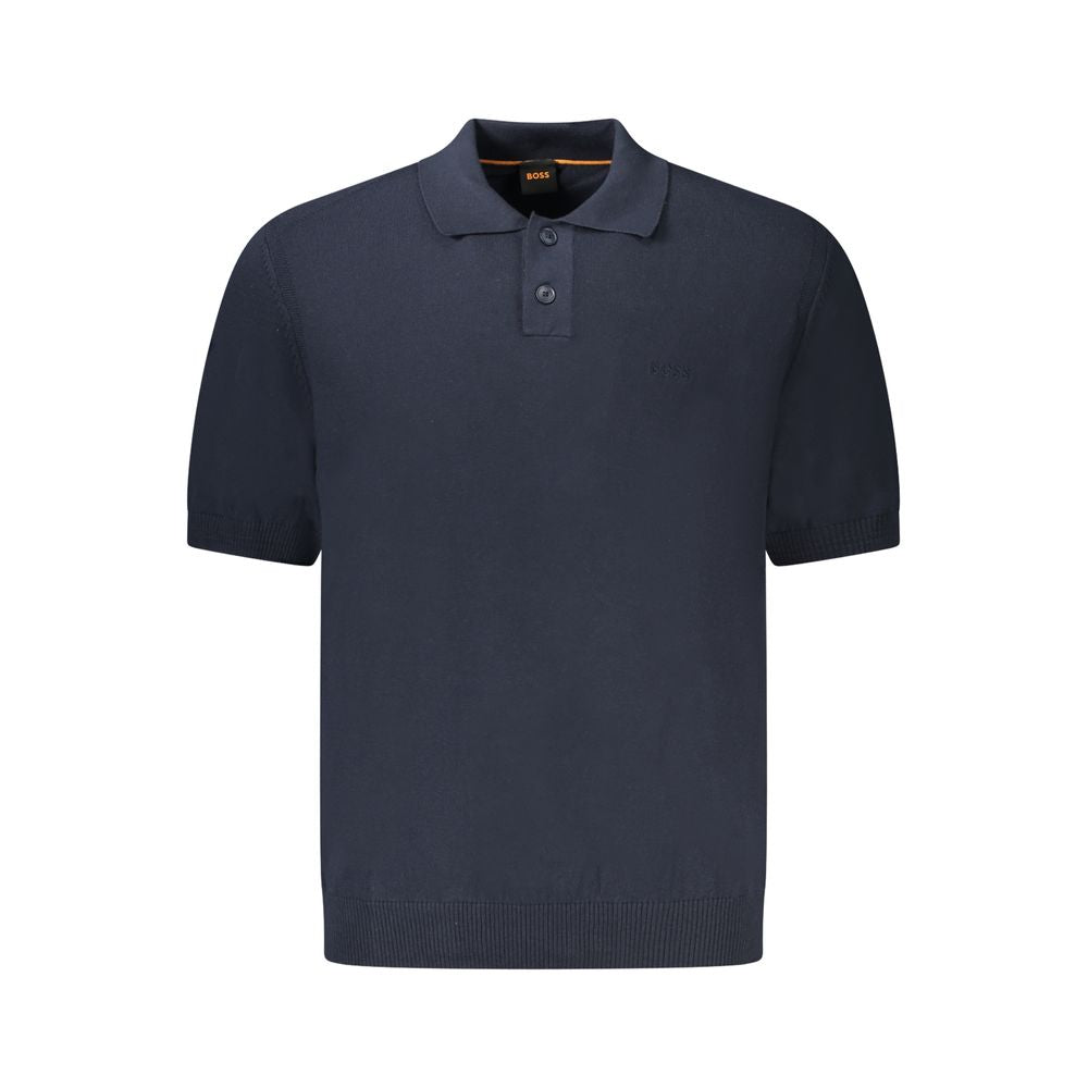 Hugo Boss Blue Cotton Sweater with short sleeves, 2 buttons, embroidery, and logo, perfect for stylish casual wear.