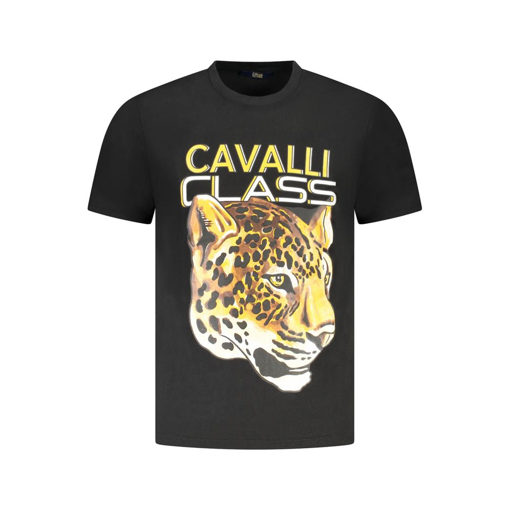 Cavalli Class Black Cotton Men T-Shirt with leopard design. Luxurious casual wear featuring bold Cavalli Class logo, crafted for comfort.