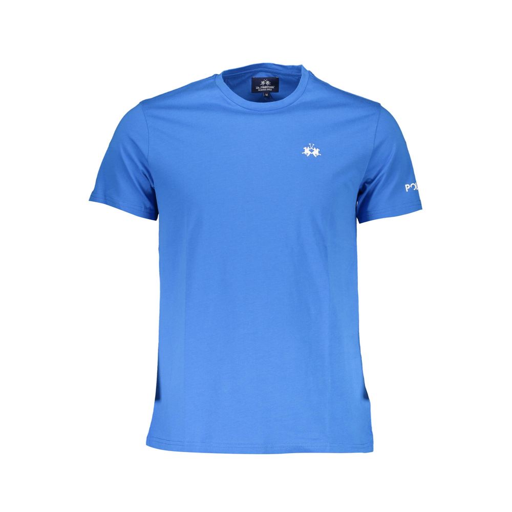 La Martina Blue Cotton Men T-Shirt with embroidery and logo, perfect for stylish casual wear.