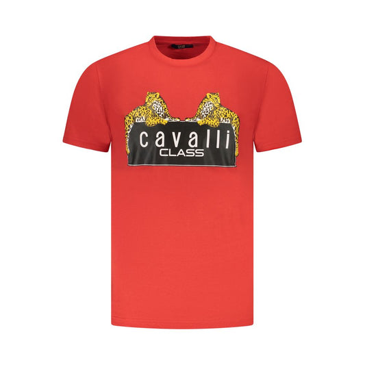 Cavalli Class Red Cotton Men T-Shirt with iconic logo and leopard print, short-sleeve crew neck showcasing luxury fashion.