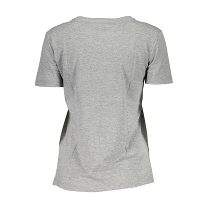 Back view of Guess Jeans Gray Cotton Women T-Shirt with short sleeves and wide neckline, showcasing casual chic design.