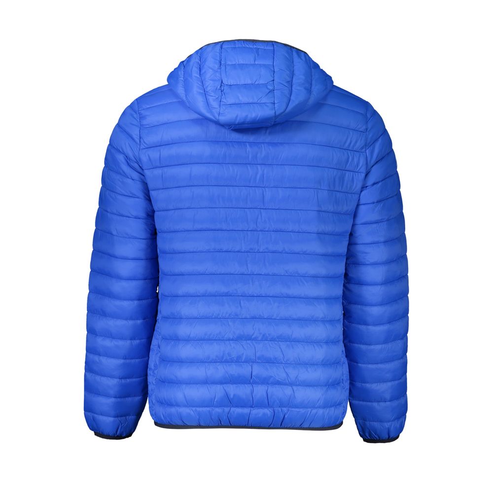 Cavalli Class Blue Polyamide Men Jacket hooded back view showcasing sleek style and functionality.