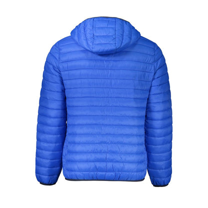 Cavalli Class Blue Polyamide Men Jacket hooded back view showcasing sleek style and functionality.