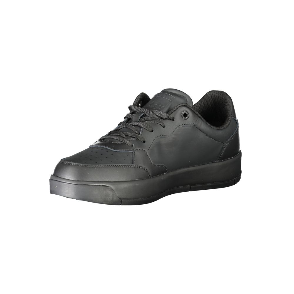 Tommy Hilfiger Black Polyethylene Men Sneaker, sleek all-black design, sport lace-up style.