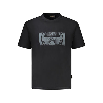 Napapijri Black Cotton Men T-Shirt with bold print and logo, short sleeves, made from organic cotton for sustainable casual fashion.