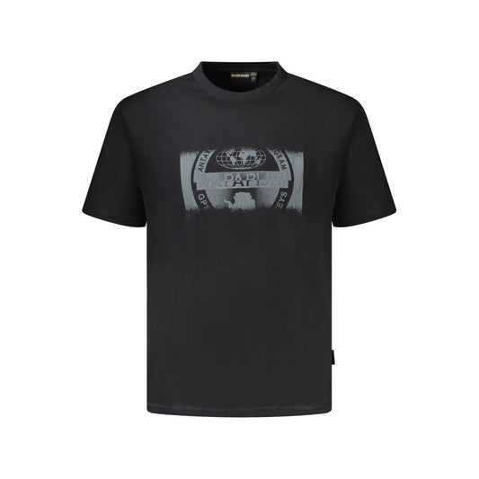 Napapijri Black Cotton Men T-Shirt with bold print and logo, short sleeves, made from organic cotton for sustainable casual fashion.
