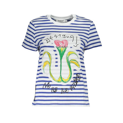 Desigual Blue Cotton Women T-Shirt with artistic print and striped pattern.