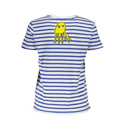 Back view of Desigual Blue Cotton Women T-Shirt featuring yellow octopus print on blue and white stripes.