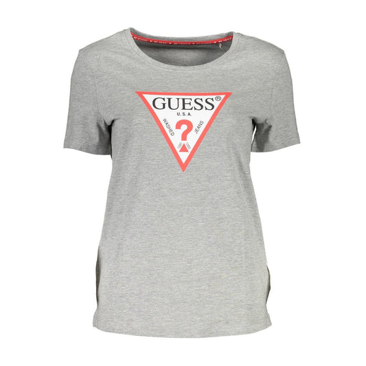 Guess Jeans Gray Cotton Women T-Shirt with logo print and crew neck, combining comfort and fashion in a breathable, soft material.
