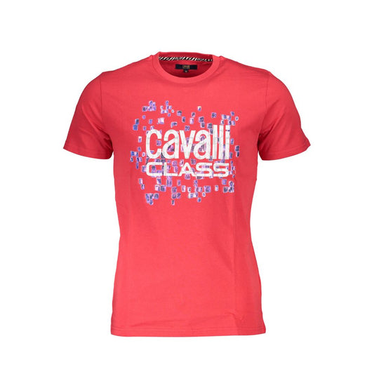 Cavalli Class Red Cotton Men T-Shirt with logo print on front, showcasing casual luxury and vibrant design