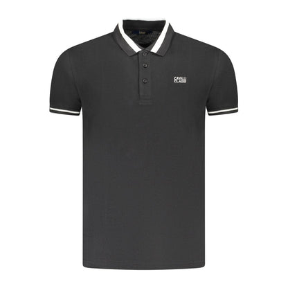 Cavalli Class Black Cotton Men Polo Shirt with contrast buttons and embroidered logo for a sophisticated look.