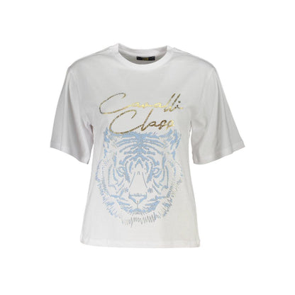 Cavalli Class White Cotton Women T-Shirt with statement print and logo