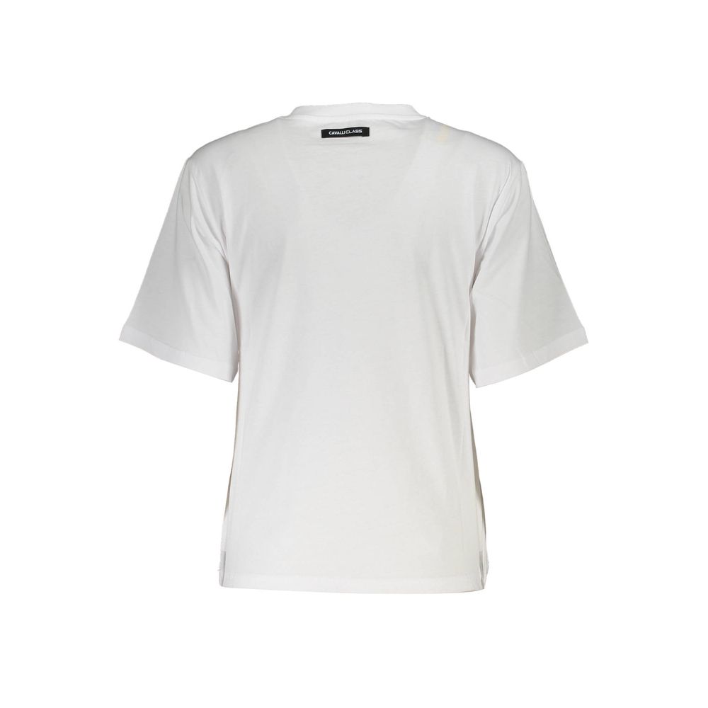 Cavalli Class White Cotton Women T-Shirt, back view showcasing short sleeves and logo detail, luxury fashion top in cotton.