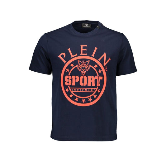 Plein Sport Blue Cotton Men T-Shirt with bold logo print, showcasing trendy and high-quality fashion for modern style enthusiasts.
