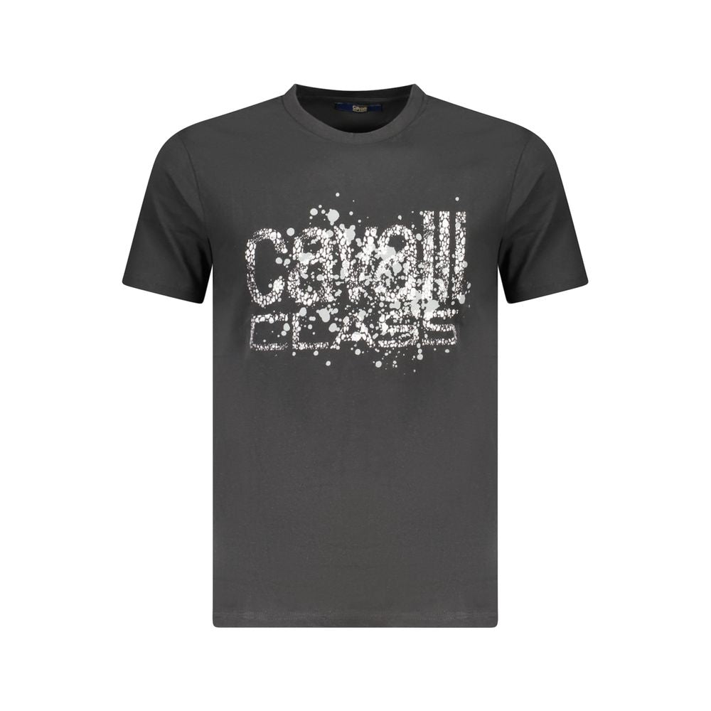 Cavalli Class Black Cotton Men T-Shirt with bold logo and eye-catching print, short sleeves, premium cotton, and crew neck design.