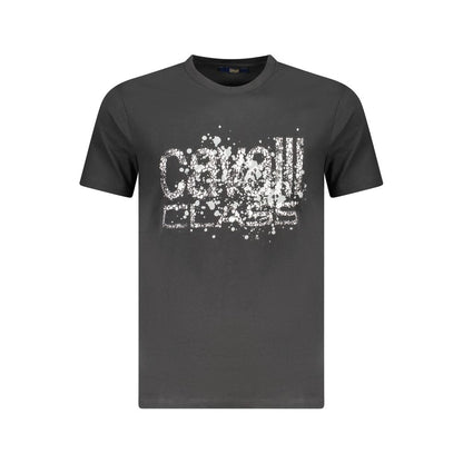 Cavalli Class Black Cotton Men T-Shirt with bold logo and eye-catching print, short sleeves, premium cotton, and crew neck design.