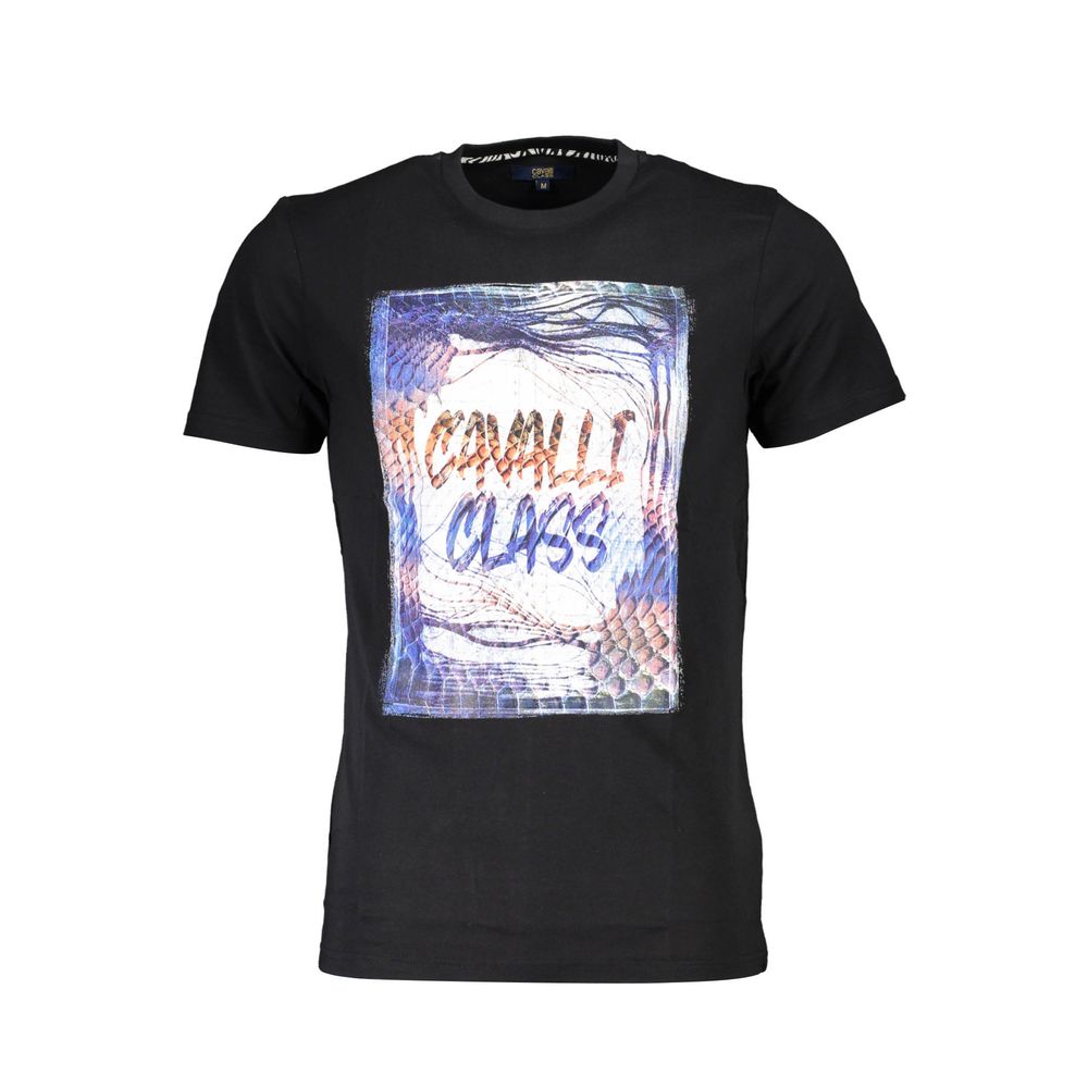 Cavalli Class Black Cotton Men T-Shirt with logo and colorful print design, short sleeve crew neck for stylish and confident wear.