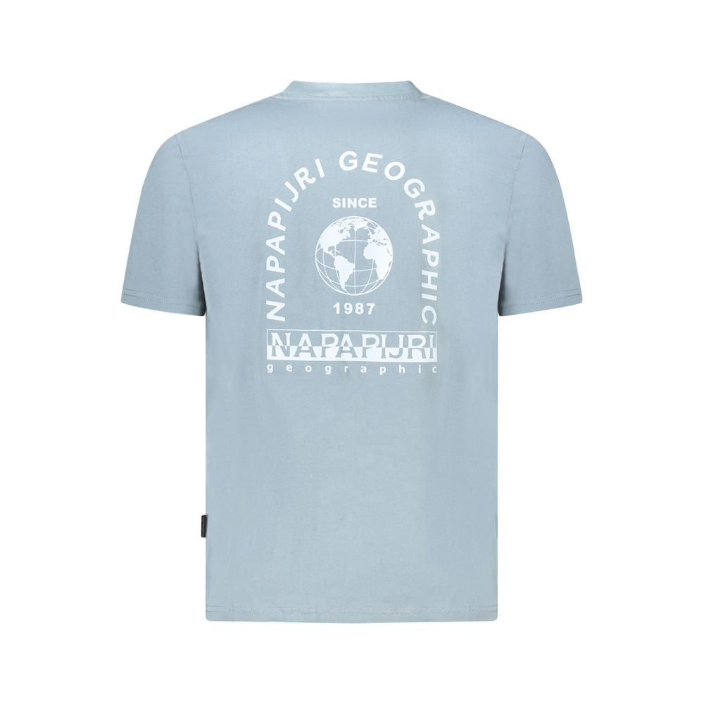 Back view of light blue Napapijri T-shirt with logo and globe design