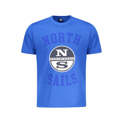 North Sails Blue Cotton Men T-Shirt with bold logo print, classic crew neck, and nautical design.
