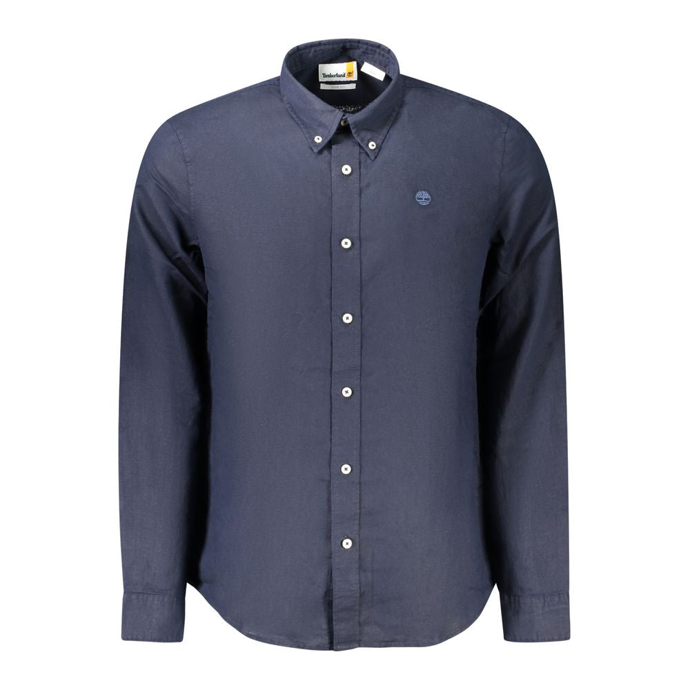 Timberland Blue Cotton Shirt, long-sleeved, slim fit, button down collar, button cuffs, embroidered logo, stylish men's fashion.