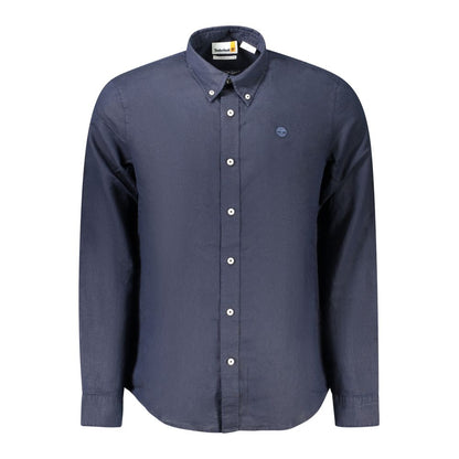Timberland Blue Cotton Shirt, long-sleeved, slim fit, button down collar, button cuffs, embroidered logo, stylish men's fashion.