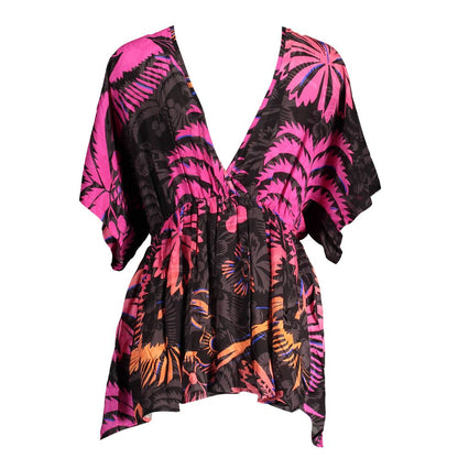 Desigual Black Cotton Women Dress with pink and orange tropical print, V-neck, cinched waist, and short sleeves.