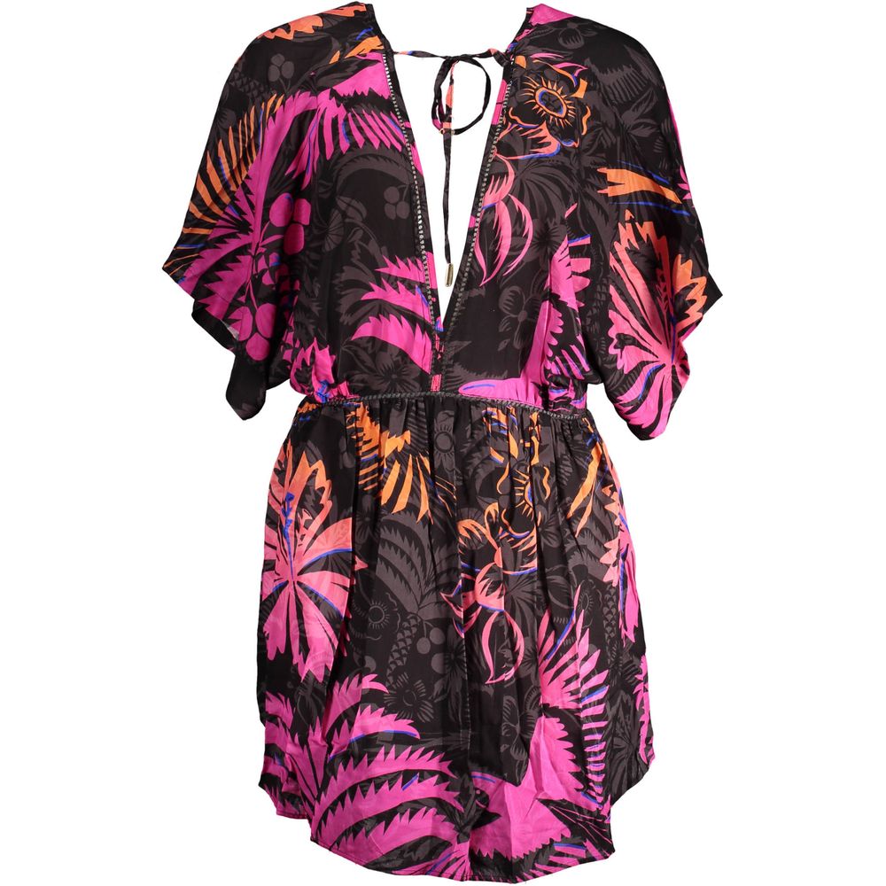 Desigual Black Cotton Women Dress with a vibrant floral pattern and V-neck design.
