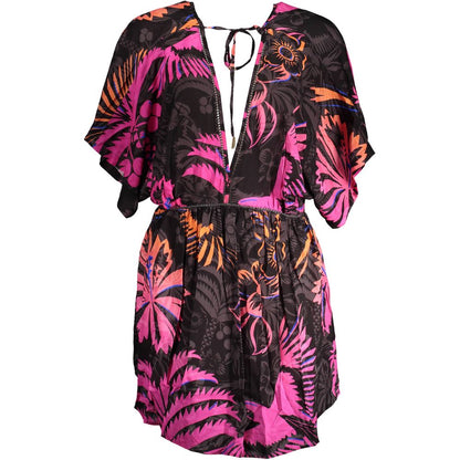 Desigual Black Cotton Women Dress with a vibrant floral pattern and V-neck design.