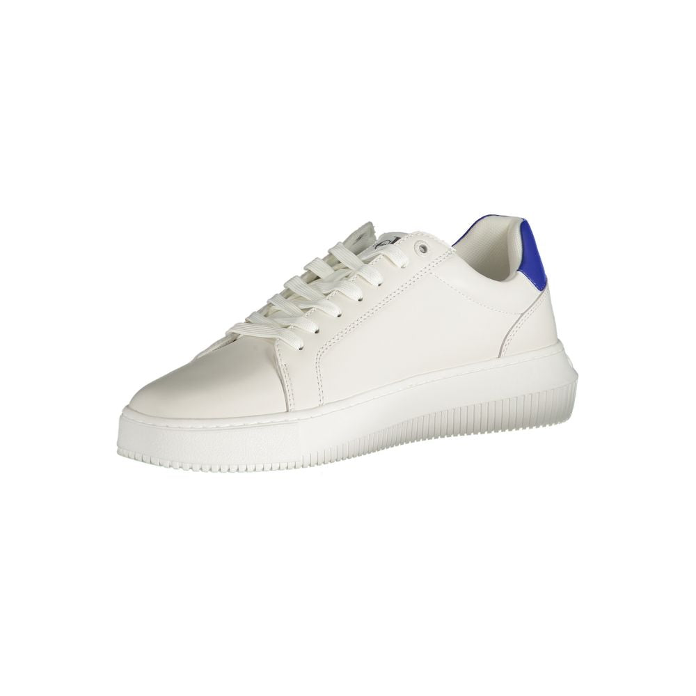 Alt Tag: Calvin Klein White Polyester Sneaker with blue accent, recycled material, sports shoe with laces and logo print.