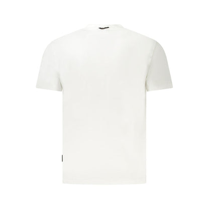 Back view of Napapijri White Cotton Men T-Shirt highlighting pure organic cotton fabric and minimalist style.