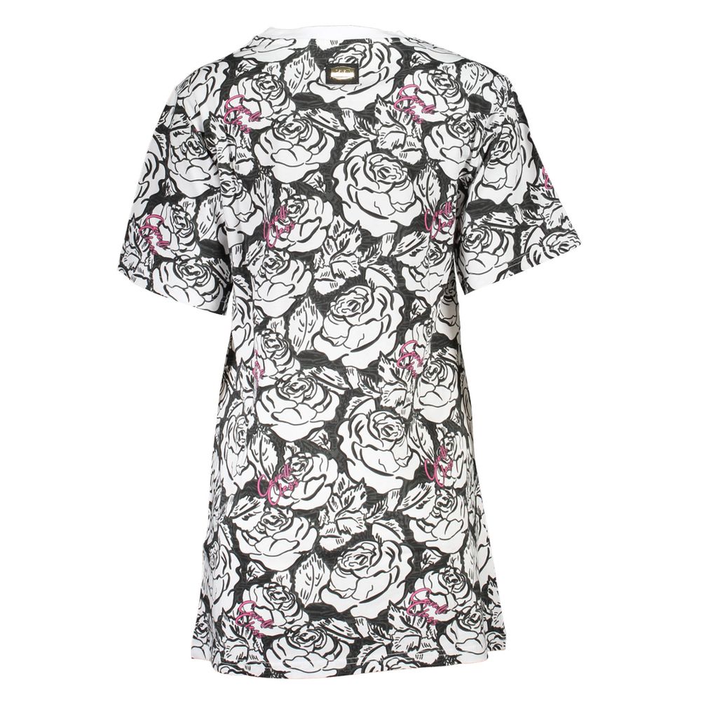 Alt Tag: Cavalli Class White Cotton Women Dress with floral print and short sleeves, showcasing elegance and sophistication.