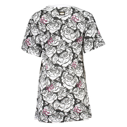 Alt Tag: Cavalli Class White Cotton Women Dress with floral print and short sleeves, showcasing elegance and sophistication.