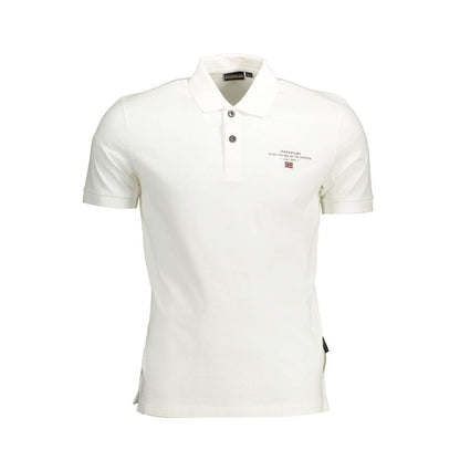 Napapijri White Cotton Men Polo Shirt with logo and embroidery, sharp two-button placket, offering casual elegance and durability.