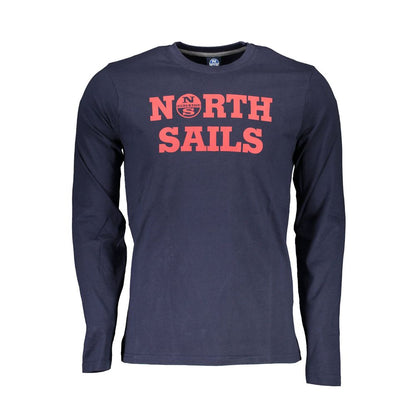 North Sails Blue Cotton Men T-Shirt with logo, long sleeves, vibrant blue color, made from fine cotton, crew neck design.