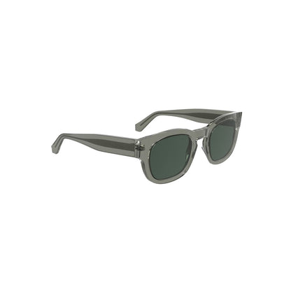 Calvin Klein Gray Acetate Women Sunglasses with round smoky lenses and logo.