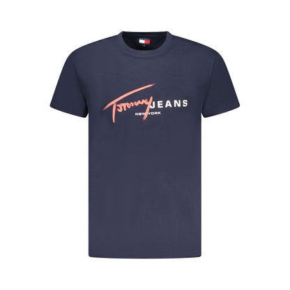 Tommy Hilfiger Blue Cotton Men T-Shirt with logo, crafted from 95% regenerative cotton, showcasing sustainable fashion from Egypt.