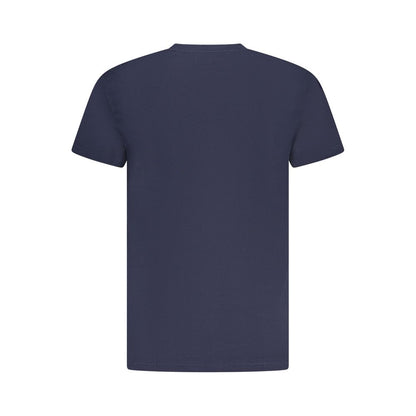 Back view of Tommy Hilfiger Blue Cotton Men T-Shirt crafted from 95% regenerative cotton, eco-friendly fashion choice.