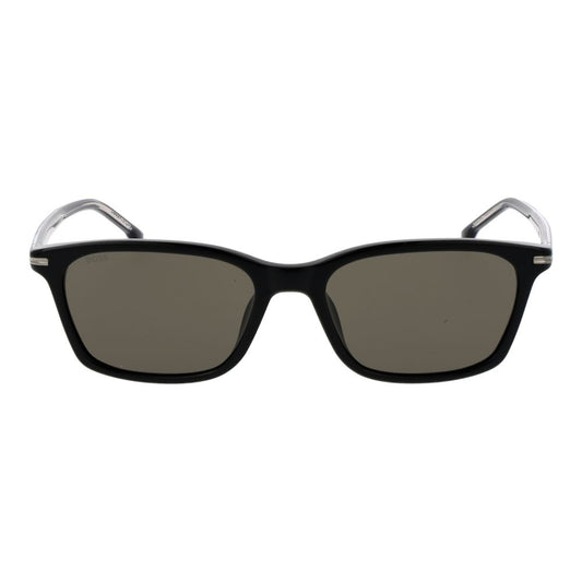 Hugo Boss Black Men Sunglass with acetate black frame and grey plastic rectangle lenses, full-rim style size 56-18-145, 100% UVA & UVB protection.
