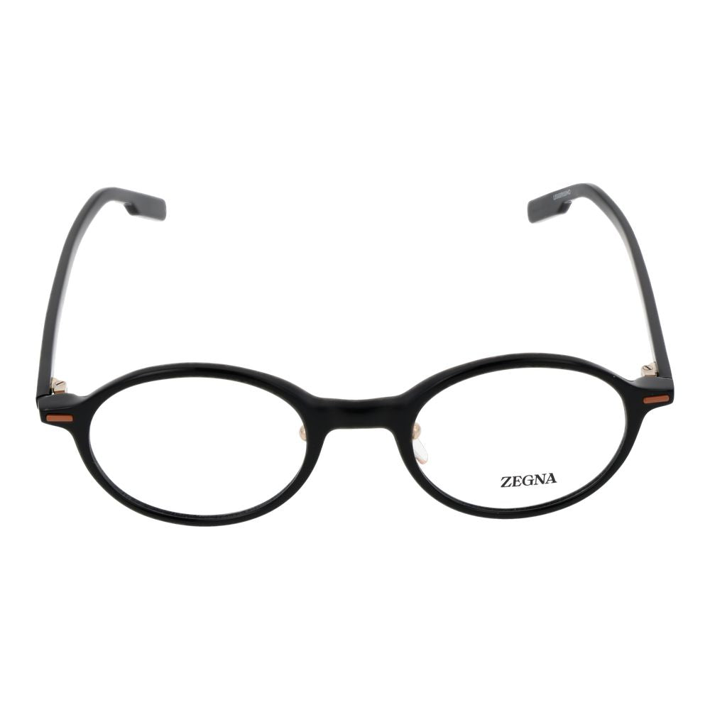 Ermenegildo Zegna Black Men Glasses Frame, full-rim plastic round design, size 48-21-145, with demo lenses, no extra features included.