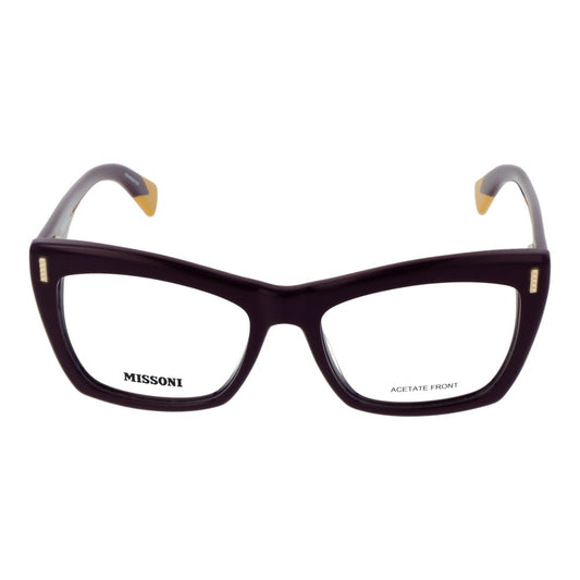 Missoni Purple Women Glasses Frame in acetate, butterfly style with full-rim design, includes branded case and demo lenses, size 53-17-145.