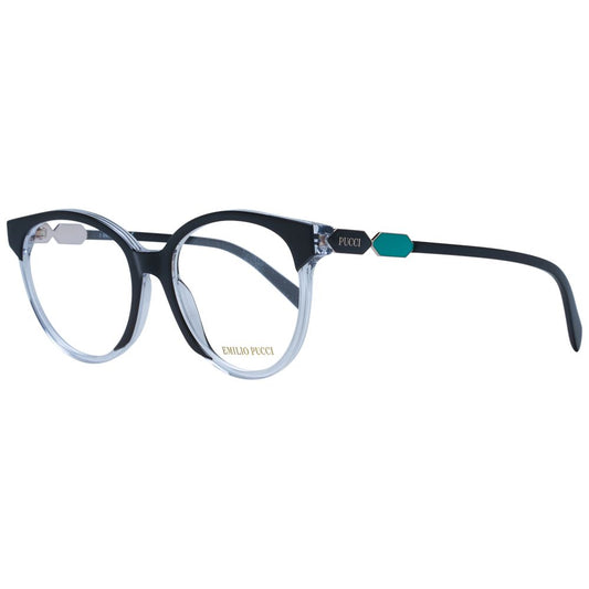 Emilio Pucci Black Women Glasses Frame with full-rim plastic design, demo lenses, and round style.